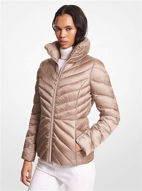 michael kors packable down taupe|Michael Kors chevron puffer jacket.